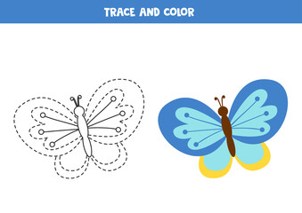 Trace and color cartoon butterfly. Worksheet for children.