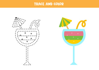 Trace and color cute cocktail. Worksheet for children.