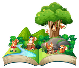 Book with scene of  squirrels playing by the river