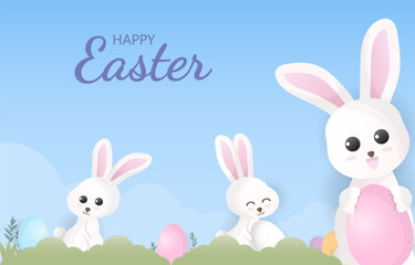 White bunnies and easter egg with blue sky background