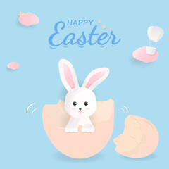 Obraz na płótnie Canvas Baby white bunny in eggshell with blue background