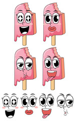 Set of facial expression vintage style cartoon with icecream on white background