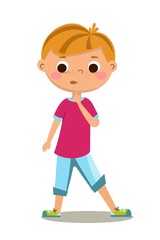 Fototapeta premium Cute boy character in shorts and a full-length pink T-shirt. Vector illustration isolated on a white background