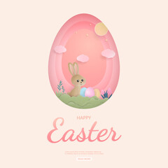 Happy easter paper art concept design with cute bunny and egg