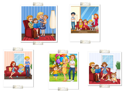 Set of happy family photos on white background