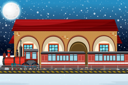 Train station scene with steam locomotive