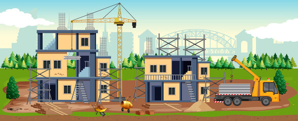 Obraz premium Cartoon scene of building construction site
