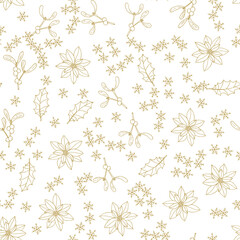 Christmas seamless pattern with holly and mistletoe leaves and berries