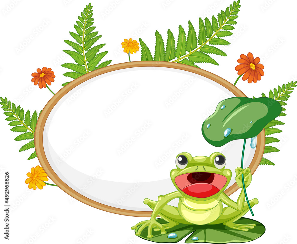 Wall mural blank wooden signboard with frog in cartoon style