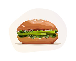Burger with avocado. Vegetarian burger illustration. Hamburger with lettuce and avocado. Vegetarian bun