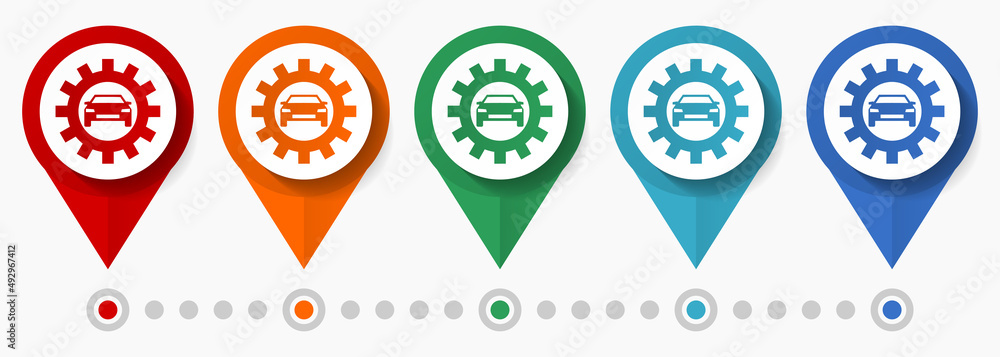 Poster car service, diagnostics concept vector icon set, flat design workshop pointers, infographic templat