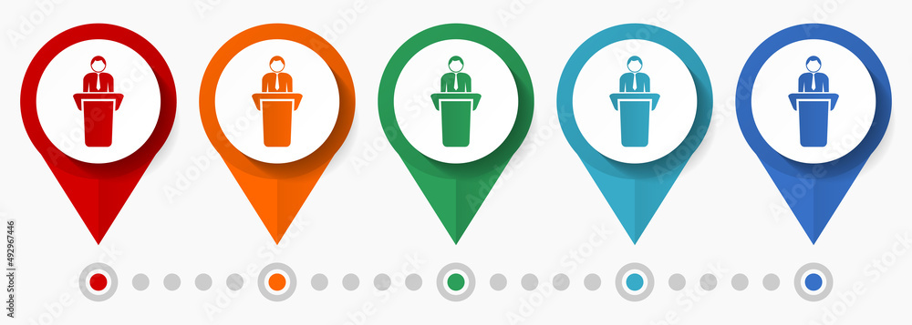 Poster speaker, presentation concept vector icon set, flat design spokesman pointers, infographic template 