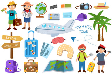 Travel time Illustration, Travel time clipart set