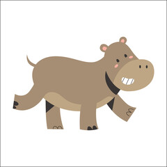 Hippo animal, funny cute hippopotamus with face expression dancing and smiling, african safari animal, flat vector illustration isolated on white background, print or sticker for nursery