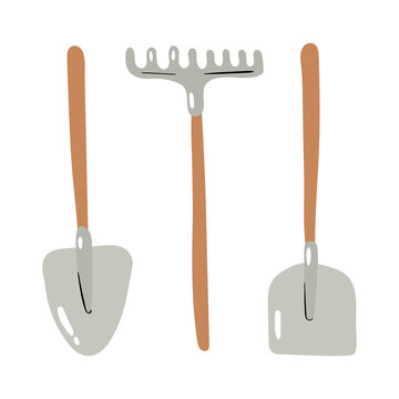 Shovels and rakes with wooden handles for gardening. Vector illustration isolated on white background. 