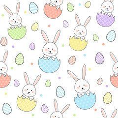 Colourful Easter background with cute bunnies and eggs. Seamless pattern. Vector