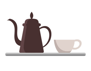 Tray with teapot and cup. Kitchen utensils in flat style.