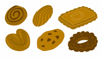 Set with cookies. Sweet pastry. Snacks for tea. Cooking, confectionery. Vector Food illustration. Flat style. Isolated on white background elements.