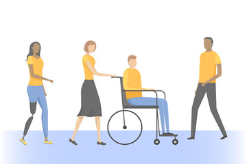 Obraz premium Woman with leg prosthesis and man with disability. Vector illustration.