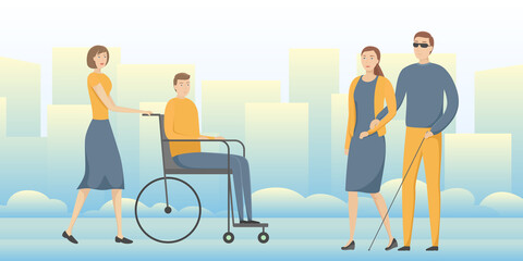 Person with blindness and person with disability walking with their aides. Vector illustration. - obrazy, fototapety, plakaty