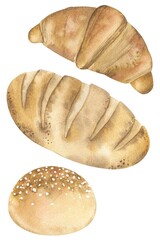 Bread loaf and croissant watercolor illustration