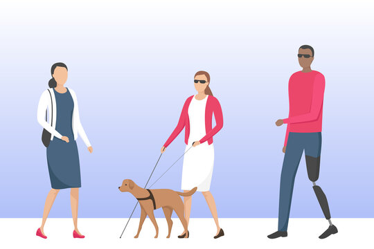 Woman with blindness and man with leg prosthesis. Vector illustration.
