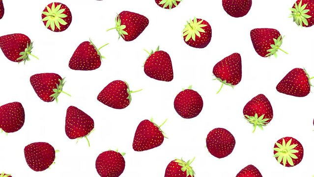 Flying red fresh strawberry. Abstract art background. Realistic 3d animation. Bright loop motion graphic for food broadcast.