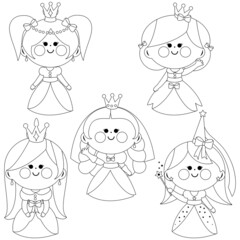 Beautiful girl princesses with pretty dresses. Vector black and white coloring page