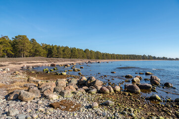 View of the shore and Gulf of Finland in spring, Furuvik nature preserve area, Hanko, Finland