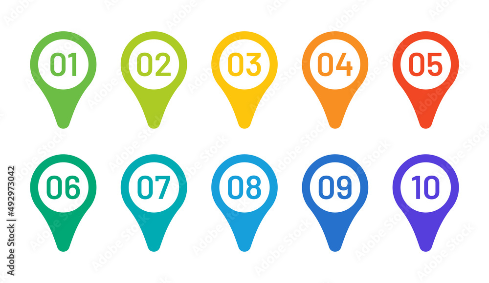 Aufkleber Location number 1 to 10 icon set. Map markers symbol in colorful design.