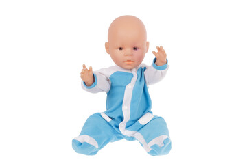 baby doll in blue overalls sits on the pope raising his hands up isolated on a white background