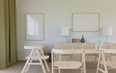 The dining room is simple and clean.3d rendering