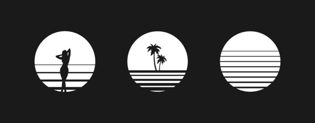Set of retrowave design elements, sunsets. Sun with sexy woman silhouette, palm trees and stripes. Pack of retrowave 1980s style design elements. Vector