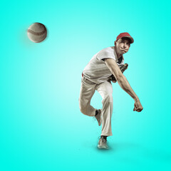Baseball players in dynamic action in action on gradient multicolored neon background. Concept of...
