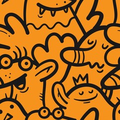 Obraz premium Seamless pattern with cute cartoon creatures on orange background. Funny cartoon animals print. Doodle monster poster.