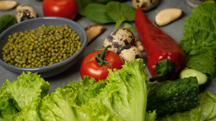 Fresh healthy vegetables with avocado, chickpeas, nuts and herbs for a healthy diet. A balanced diet with fiber and vegetable proteins