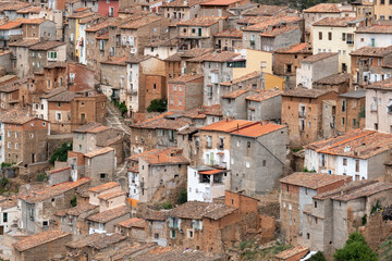 Fototapeta na wymiar Detail view of the village of Moros and its old typical houses in Zaragoza province, Aragón, Spain.