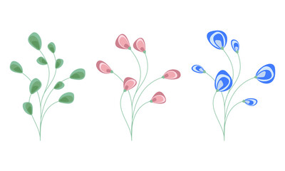 Bunch of flowers bundle isolated on white. Minimal floral design element set. Flat cartoon botanical vector illustration for print, pattern, banner, background or greeting card. Holiday decor.