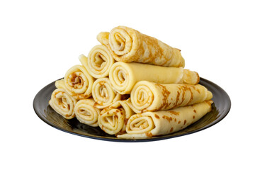 Crepes on a black plate. Isolate on a white background.