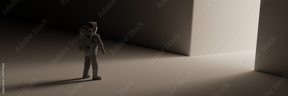 Wall mural astronaut in front of a bright gateway
