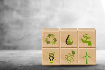 Climate neutral long term strategy. Carbon neutral concept. greenhouse gas emissions target. Wooden cubes with green net zero icon and green icon