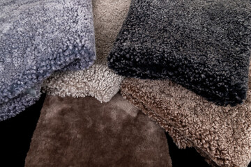 Leather fabrics obtained from natural animals, not yet processed. colored leather pieces hanging
