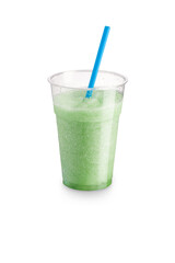 Sicilian mint flavored granita with straw and transparent glass on a white background