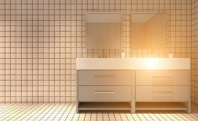 Scandinavian bathroom, classic  vintage interior design. 3D rendering.. Sunset.