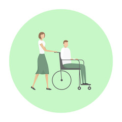 Woman help disabled person. Vector illustration.