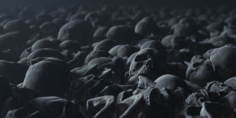 Bunch of Bones Human Skulls covering dusty ground, death conceptual backgound - 492975826