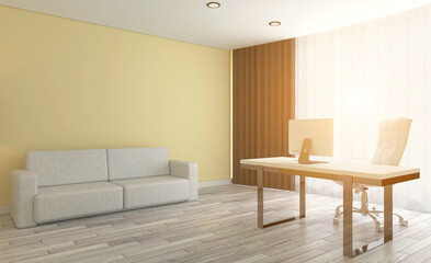 Front view of an office interior with a row of dark wood tables. 3D rendering.. Sunset.