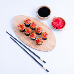 shrimp nigiri and sauce sushi on white background. Close Up of delicious japanese food with sushi roll.