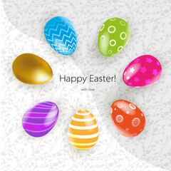 Multicolored Easter eggs on leaves pattern background. Vector pink, violet, red, blue serpantine pieces isolated and eggs. Place for text in center.
