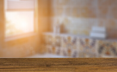Background with empty table. Flooring. . Sunset.